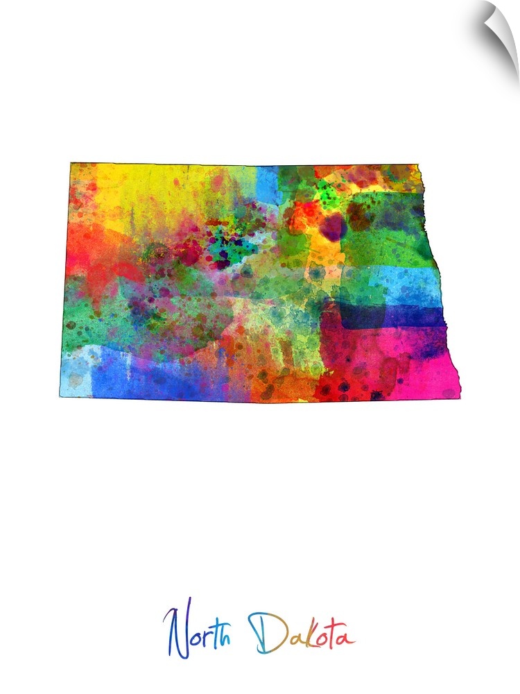 Contemporary artwork of a map of North Dakota made of colorful paint splashes.
