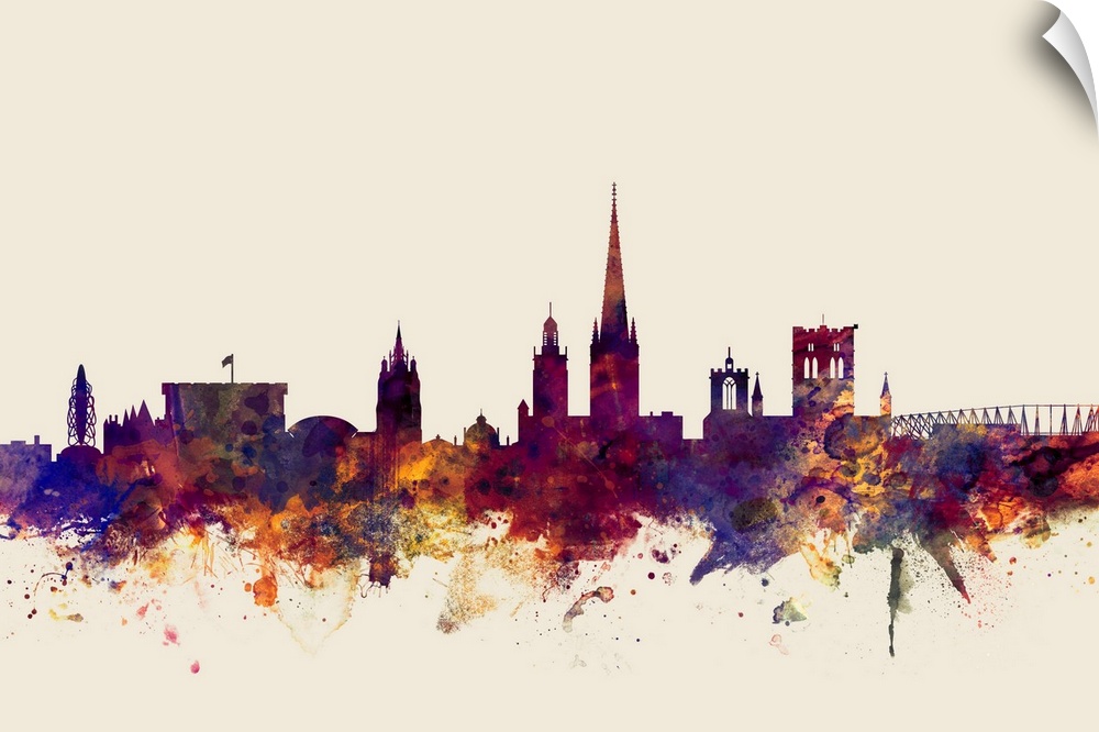 Dark watercolor splattered silhouette of the Norwich city skyline.