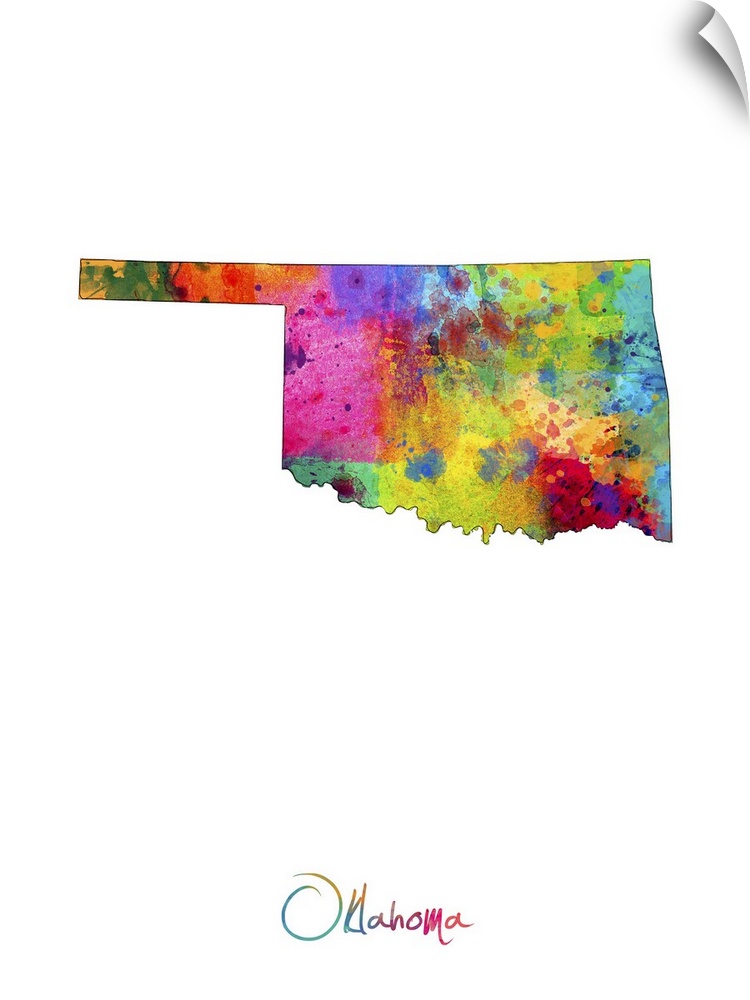 Contemporary artwork of a map of Oklahoma made of colorful paint splashes.