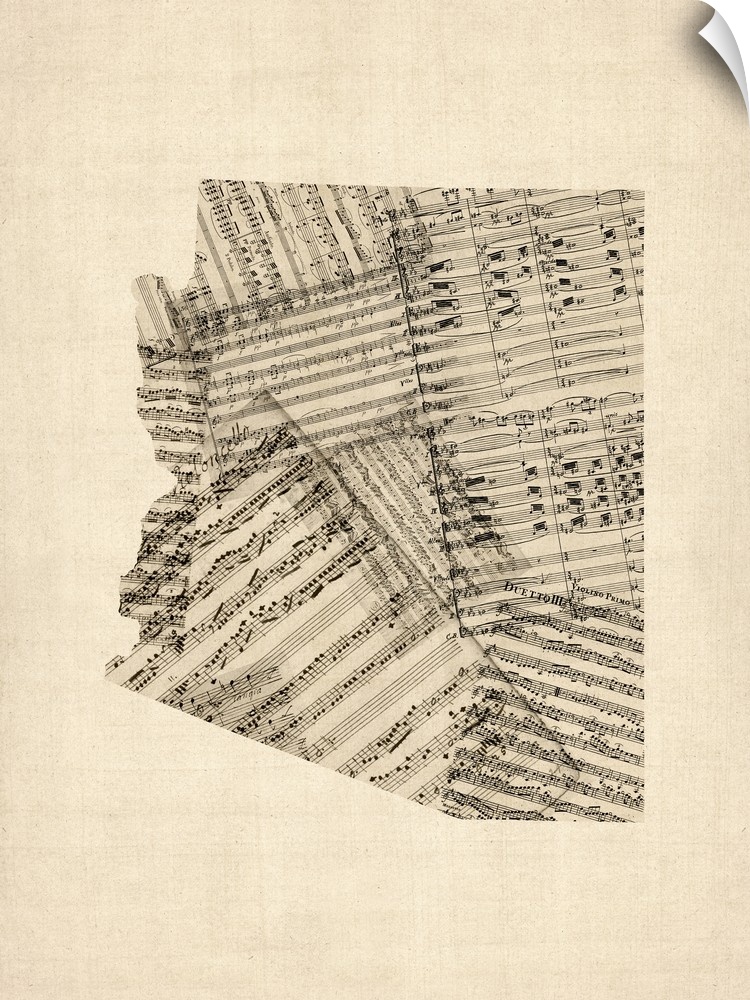 Artistic map of the state Arizona made from distressed sheet music.