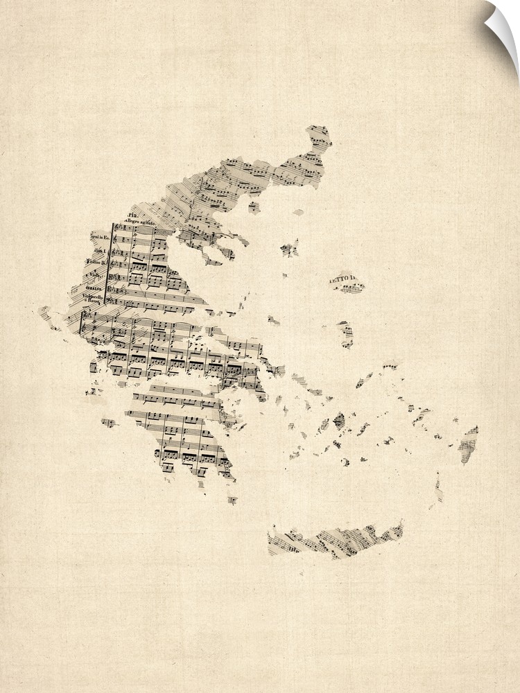 Artistic map of the country Greece made from distressed sheet music.