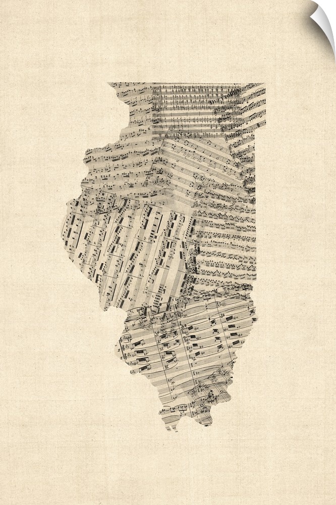 A map of the Illinois, made from a collage of old and vintage sheet music on an antique style background.