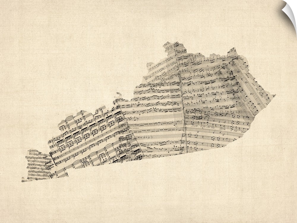 Artistic map of the state Kentucky made from distressed sheet music.