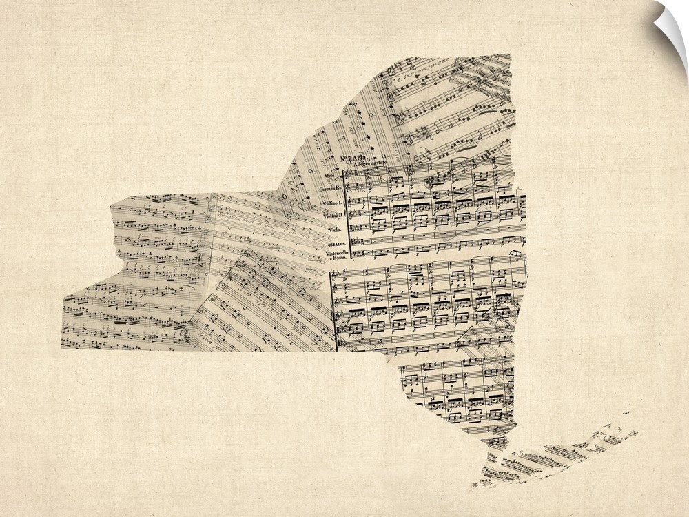 State of New York made of old sheet music against a weathered beige background.