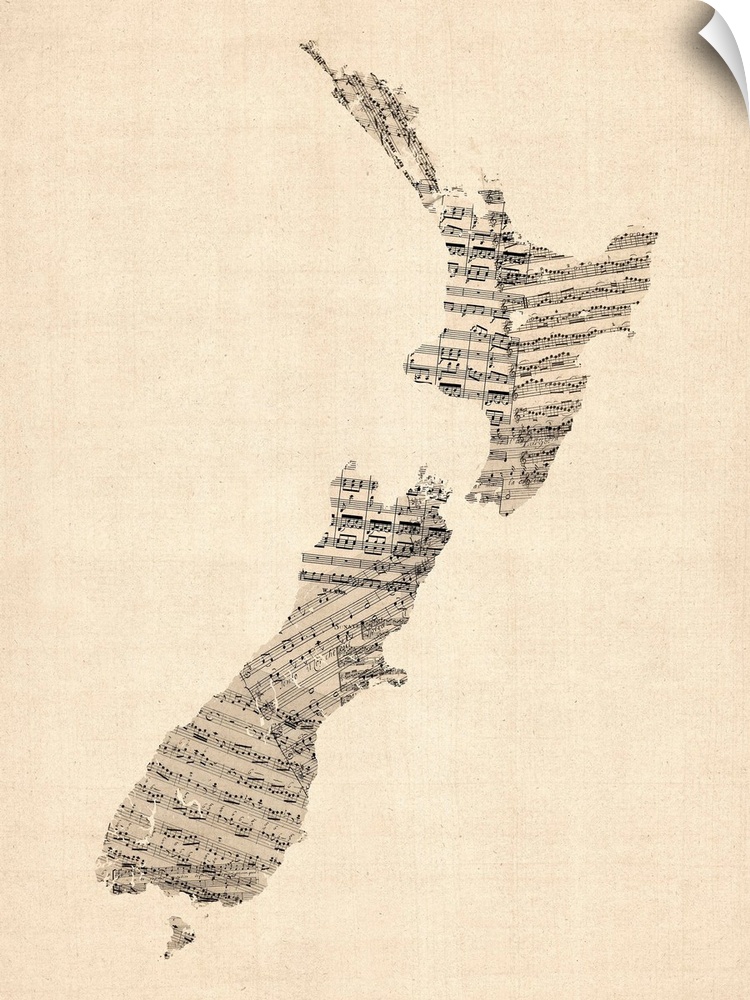 A map of New Zealand made from a collage of old and vintage sheet music, including some handwritten scores and notes, on a...