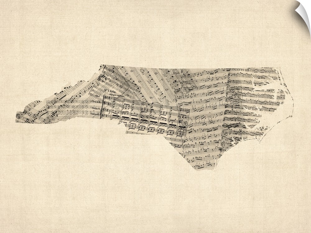 State of North Carolina made of old sheet music against a weathered beige background.