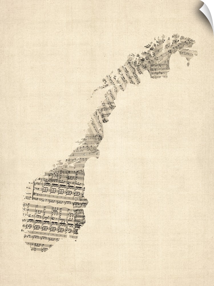 A map of Norway made from a collage of old and vintage sheet music on an antique style background.