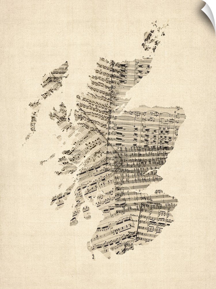 A map of Scotland made from a collage of old and vintage sheet music on an antique style background.