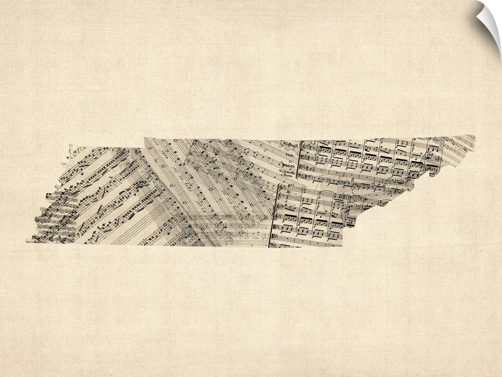 State of Tennessee made of old sheet music against a weathered beige background.