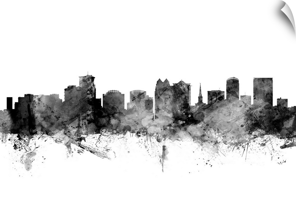 Smokey dark watercolor silhouette of the Orlando city skyline.