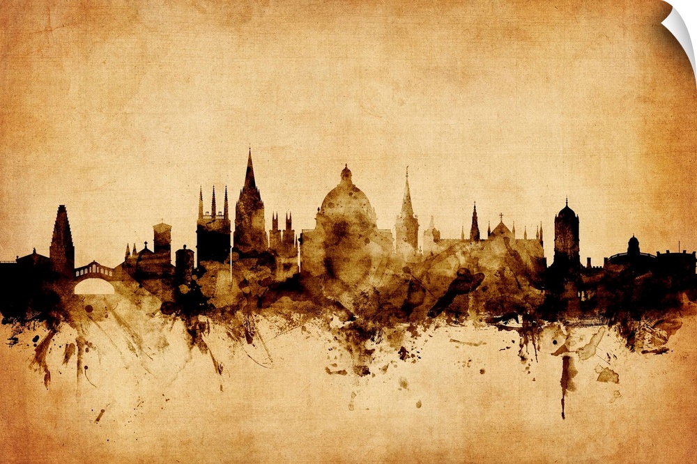 Contemporary artwork of the Oxford city skyline in a vintage distressed look.