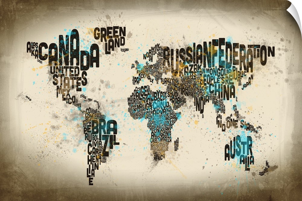 Contemporary piece of artwork of a world map made up of the different country names.