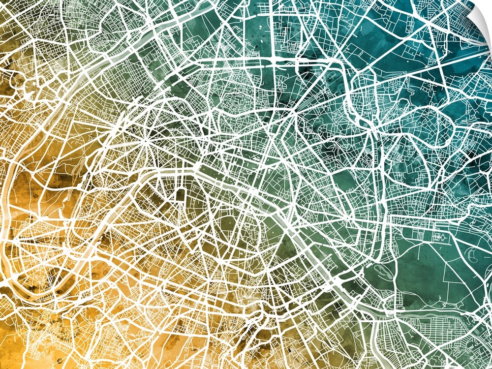 A watercolor street map of Paris, France