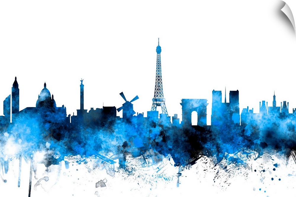 Contemporary piece of artwork of the Paris skyline made of colorful paint splashes.