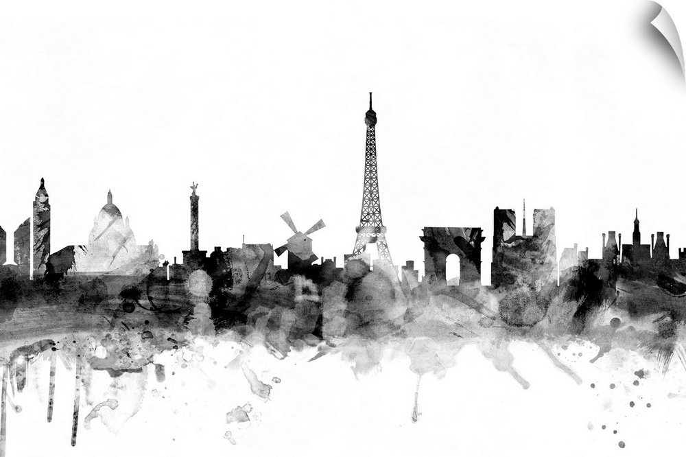 Contemporary artwork of the Paris city skyline in black watercolor paint splashes.