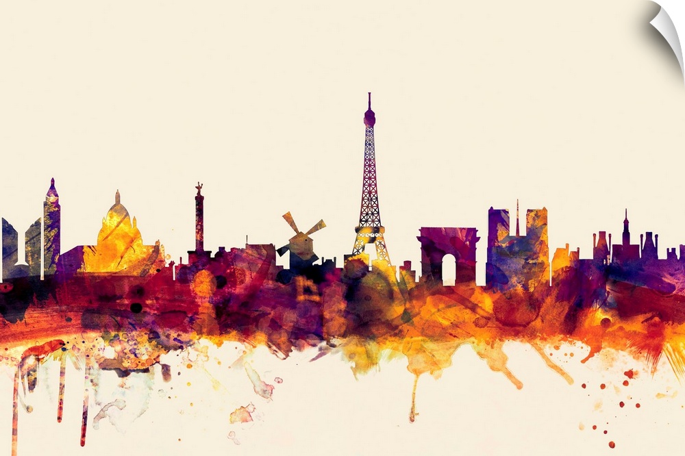 Contemporary artwork of the Paris city skyline in watercolor paint splashes.