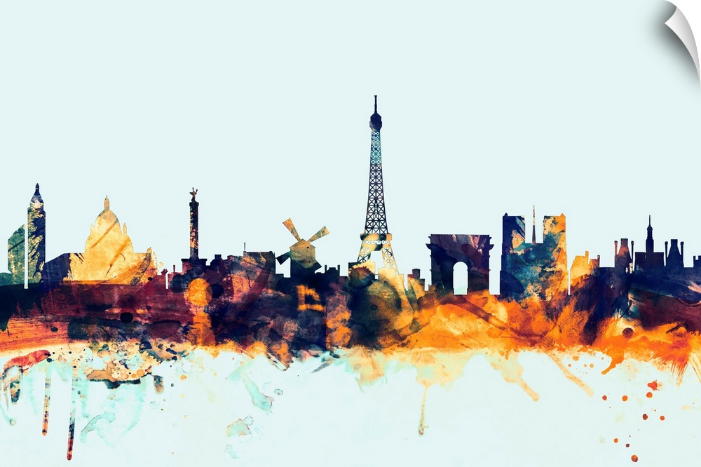 Dark watercolor silhouette of the Paris city skyline against a light blue background.