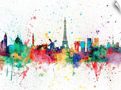 Paris France Skyline, Multicolor Splatter