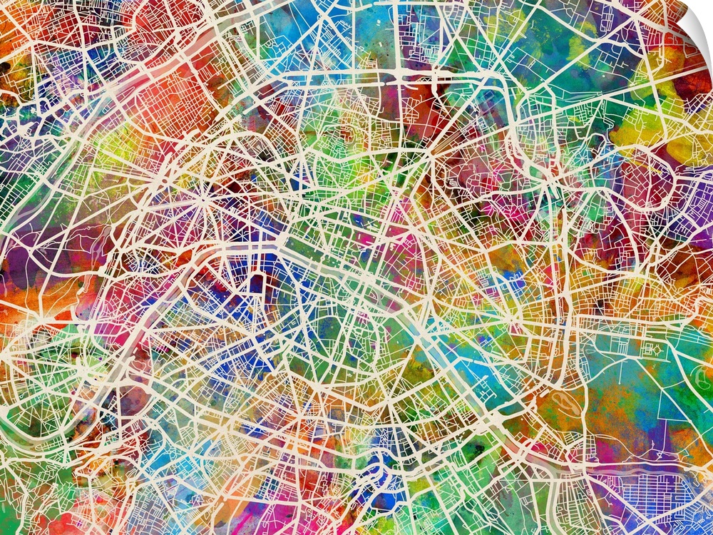 Watercolor art map of Paris city streets.