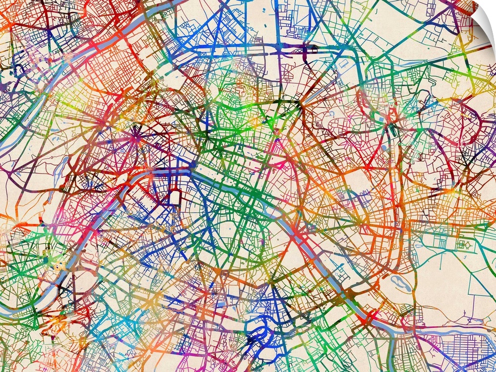 A watercolor street map of Paris, France.