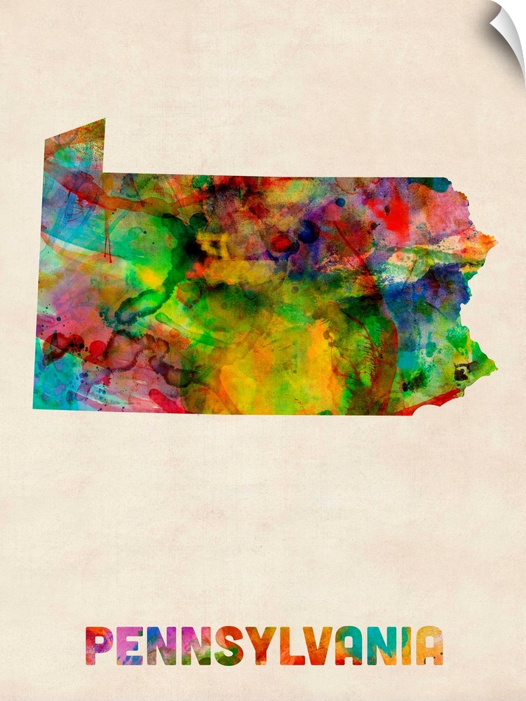 Contemporary piece of artwork of a map of Pennsylvania made up of watercolor splashes.