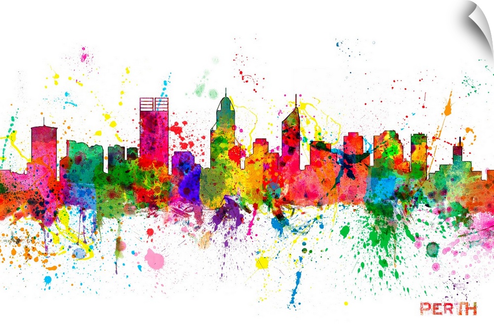 Contemporary piece of artwork of the Perth skyline made of colorful paint splashes.
