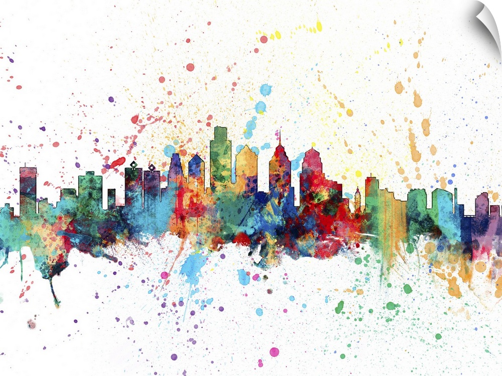 Wild and vibrant paint splatter silhouette of the Philadelphia skyline.