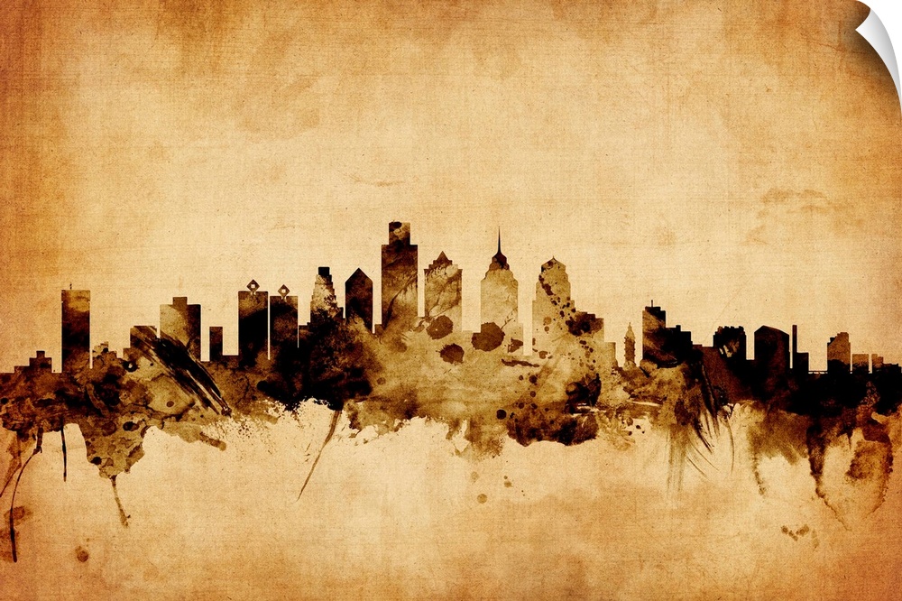 Contemporary artwork of the Philadelphia city skyline in a vintage distressed look.