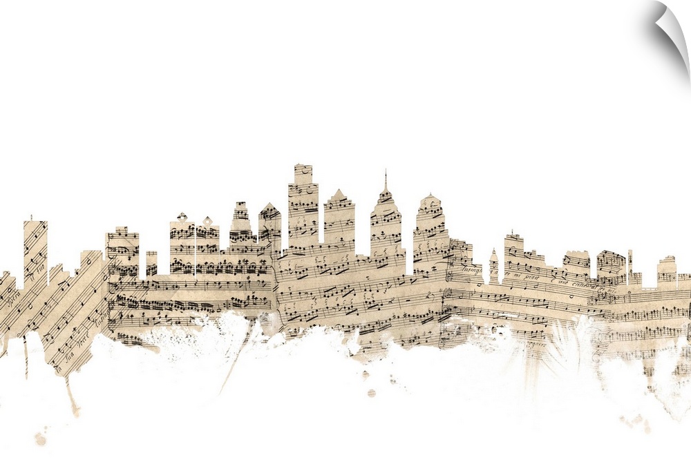 Philadelphia skyline made of sheet music against a white background.
