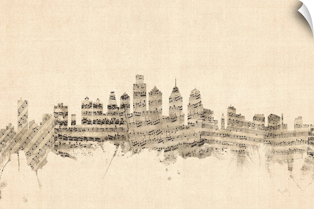 Philadelphia skyline made of sheet music against a weathered beige background.