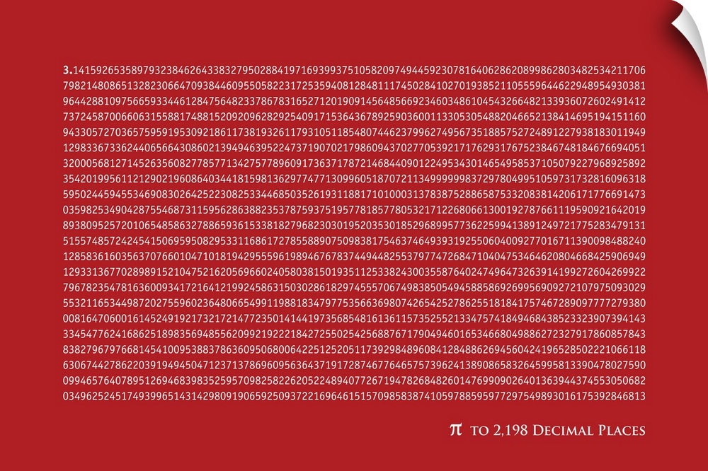 The number Pi to 2,198 decimal places. Pi is a mathematical constant that is the ratio of any circle's circumference to it...
