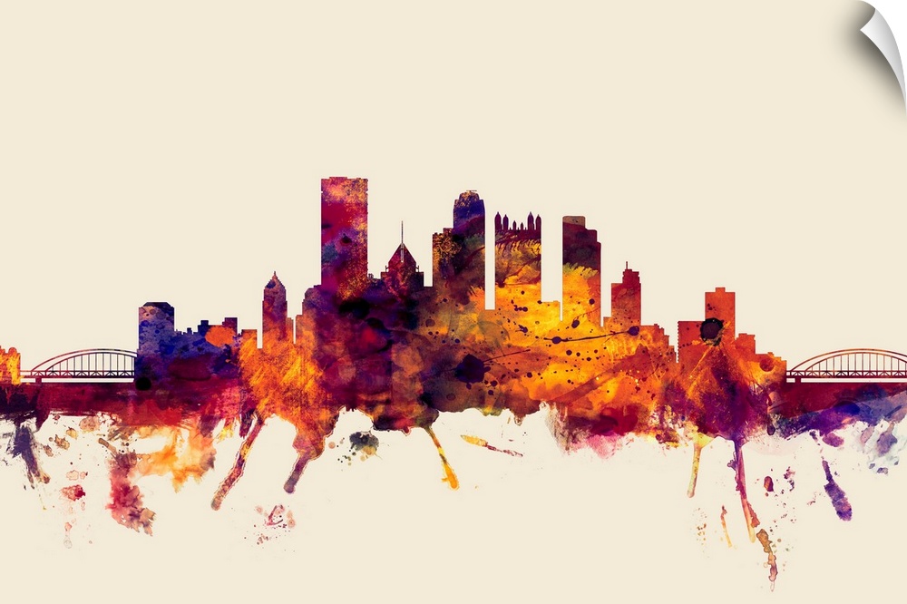 Watercolor artwork of the Pittsburgh skyline against a beige background.