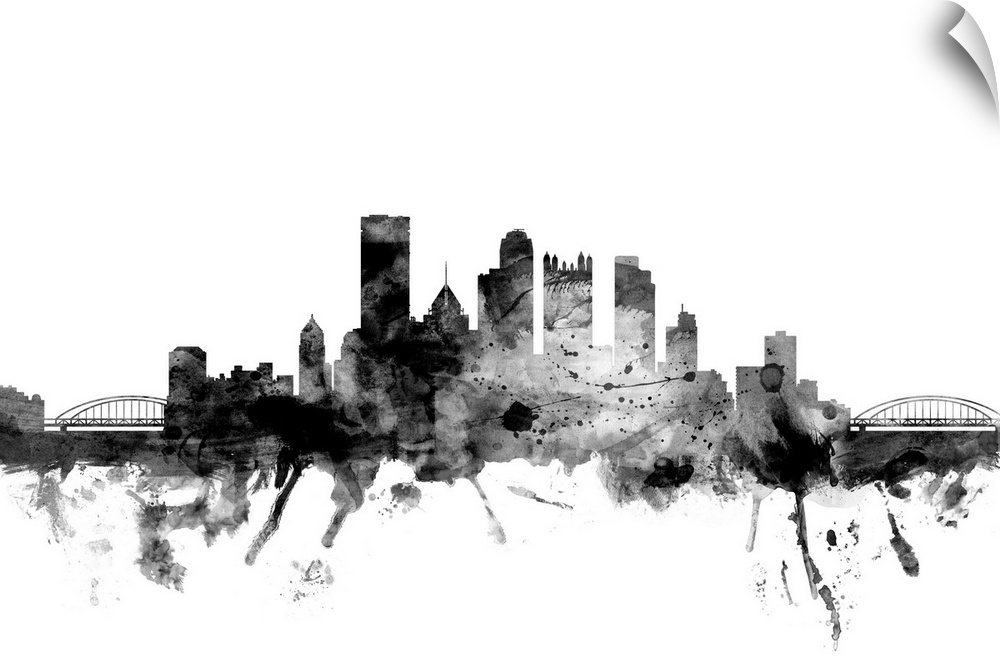 Contemporary artwork of the Pittsburgh city skyline in black watercolor paint splashes.