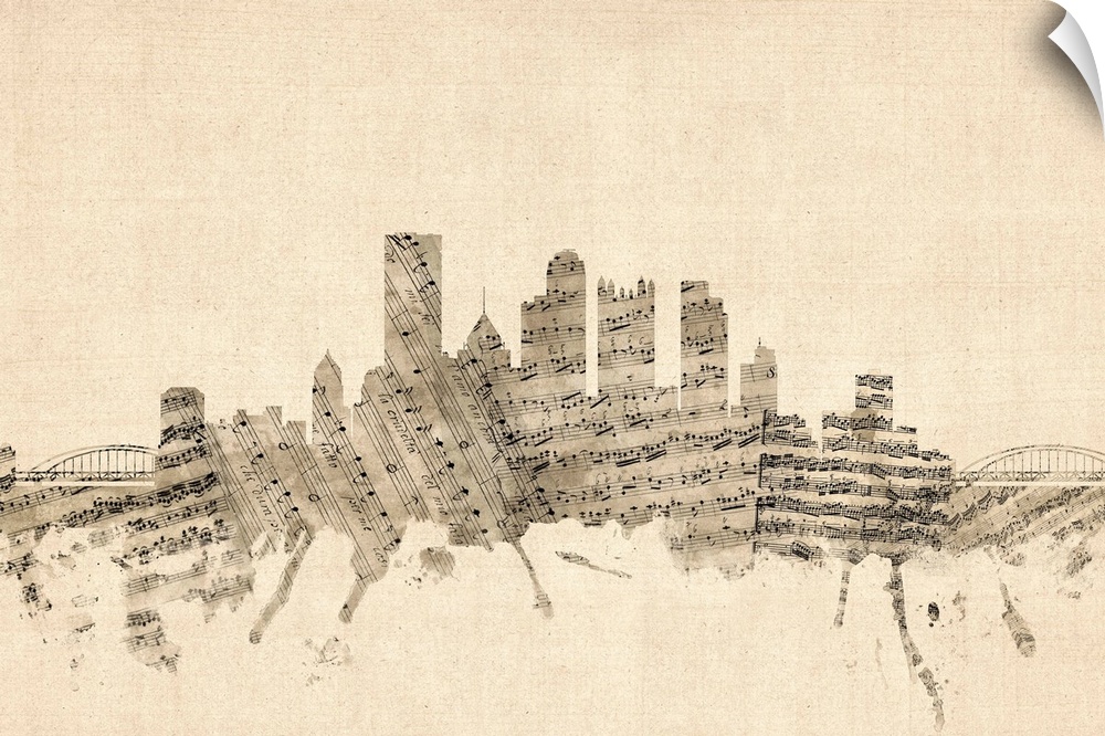 Pittsburgh skyline made of sheet music against a weathered beige background.