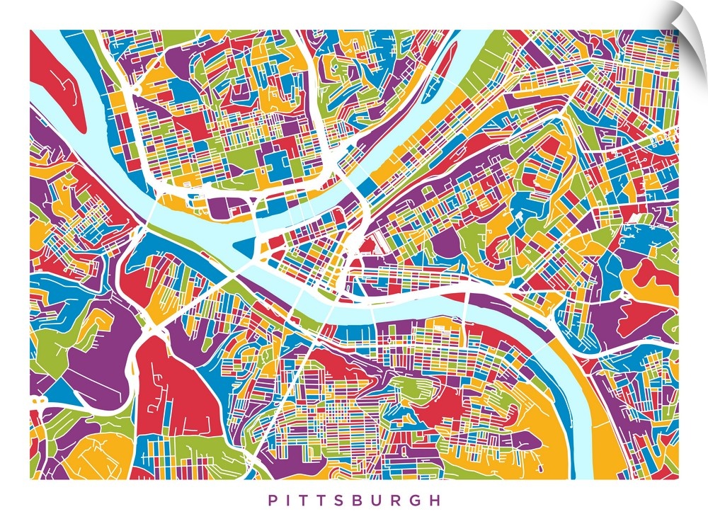 Watercolor art map of Pittsburgh city streets.