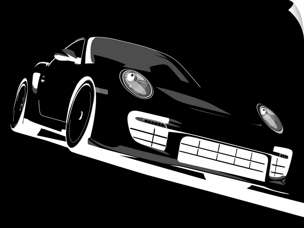 Retro artwork of a black Porsche shown at an angle with a black background.