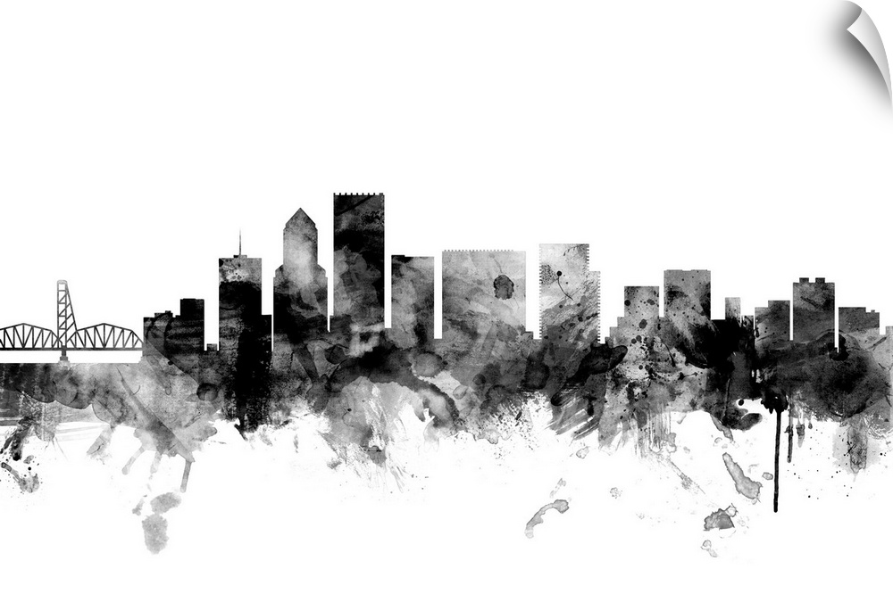 Contemporary artwork of the Portland city skyline in black watercolor paint splashes.