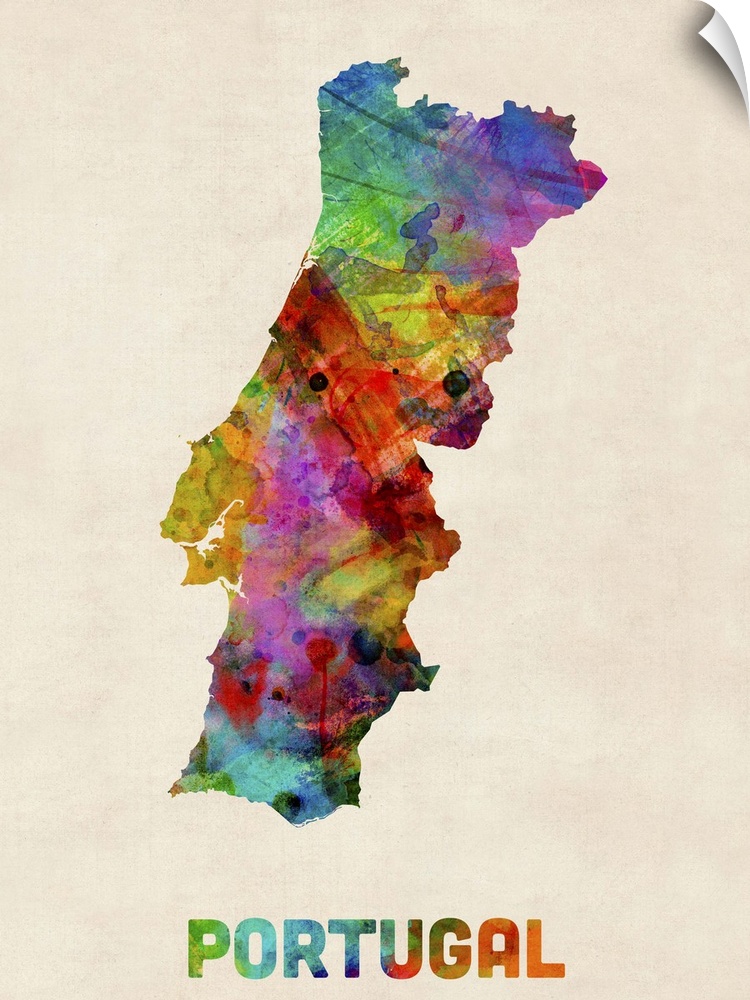 Contemporary piece of artwork of a map of Portugal made up of watercolor splashes.