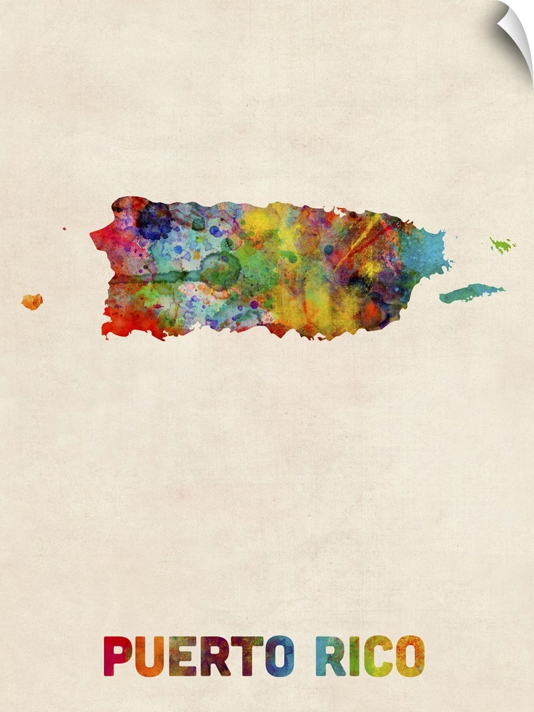 Colorful watercolor art map of Puerto Rico against a distressed background.
