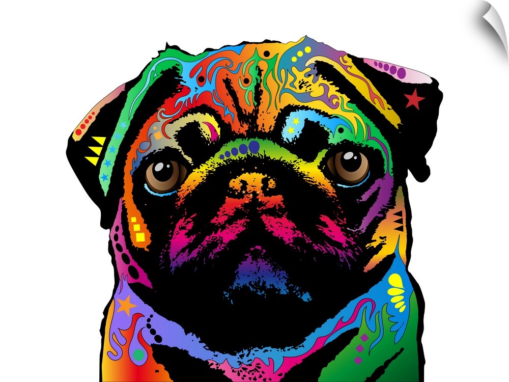 Contemporary artwork of a Pug made up of a spectrum of bright colors.