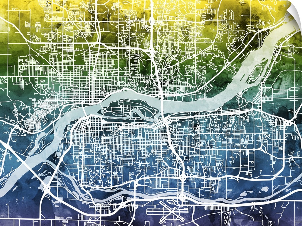 Watercolor street map of Quad Cities, Illinois and Iowa, United States.