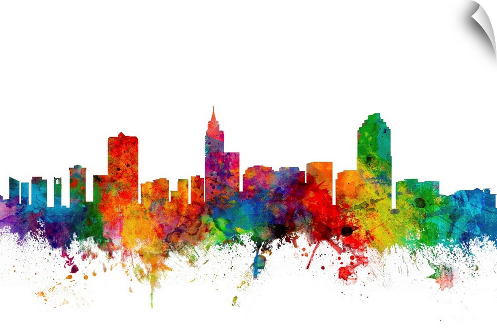 Colorful watercolor splattered silhouetted of the Raleigh city skyline.