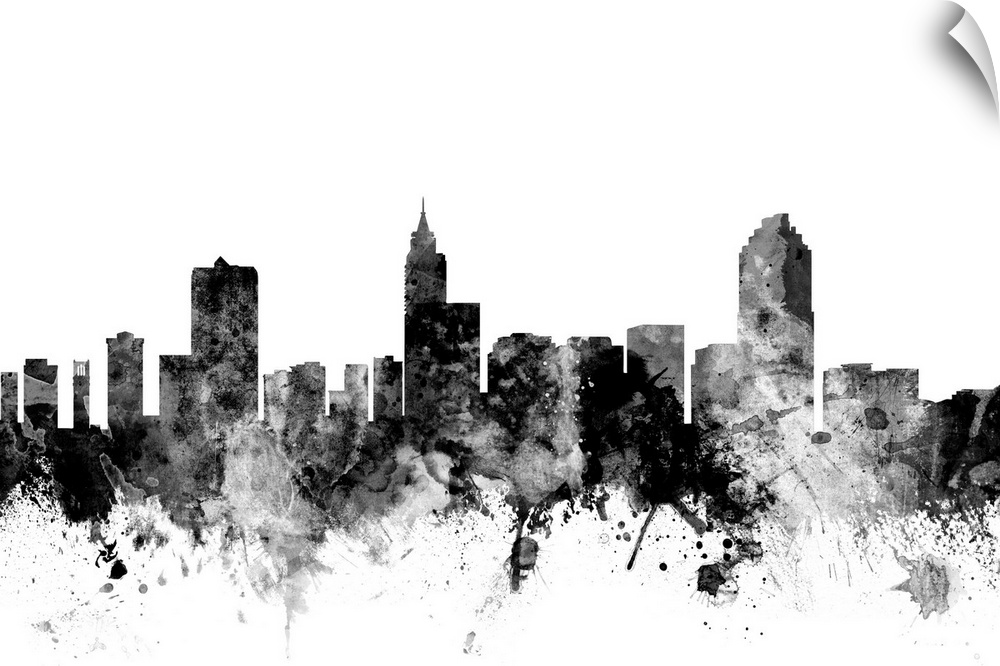 Smokey dark watercolor silhouette of the Raleigh city skyline.