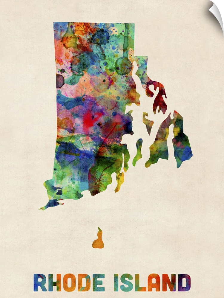 Contemporary piece of artwork of a map of Rhode Island made up of watercolor splashes.