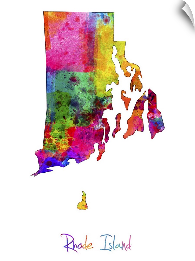 Contemporary artwork of a map of Rhode Island made of colorful paint splashes.