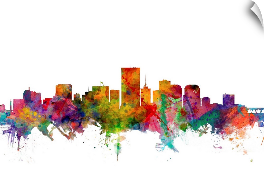 Contemporary piece of artwork of the Richmond skyline made of colorful paint splashes.