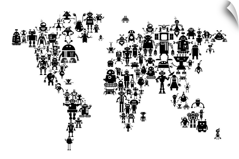 Contemporary world map artwork made of robots.