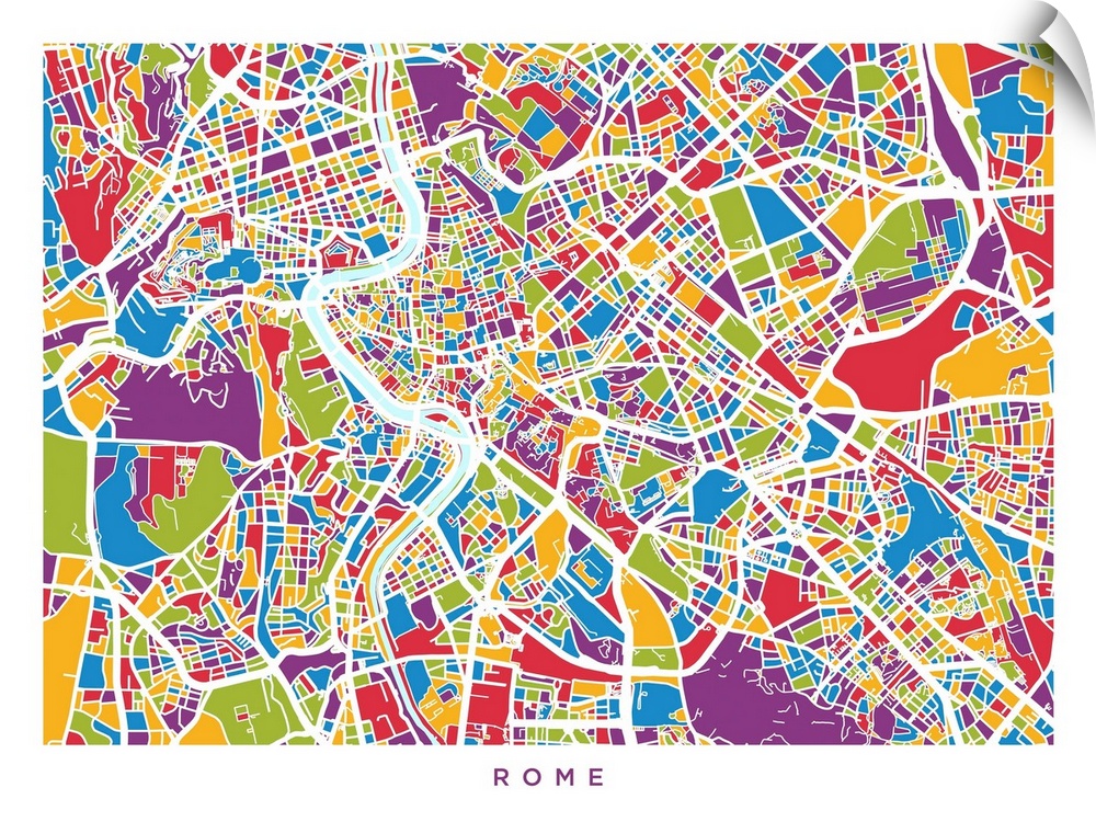 A street map of Rome, Italy, with coloured land areas.