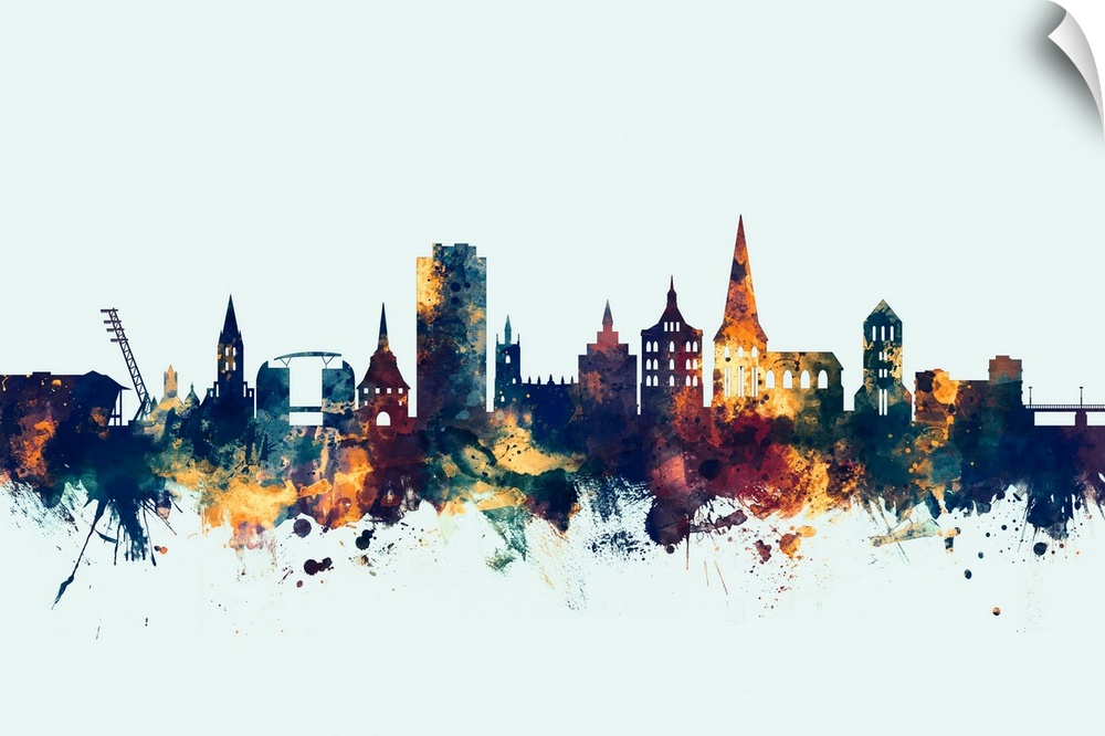 Watercolor art print of the skyline of Rostock, Germany