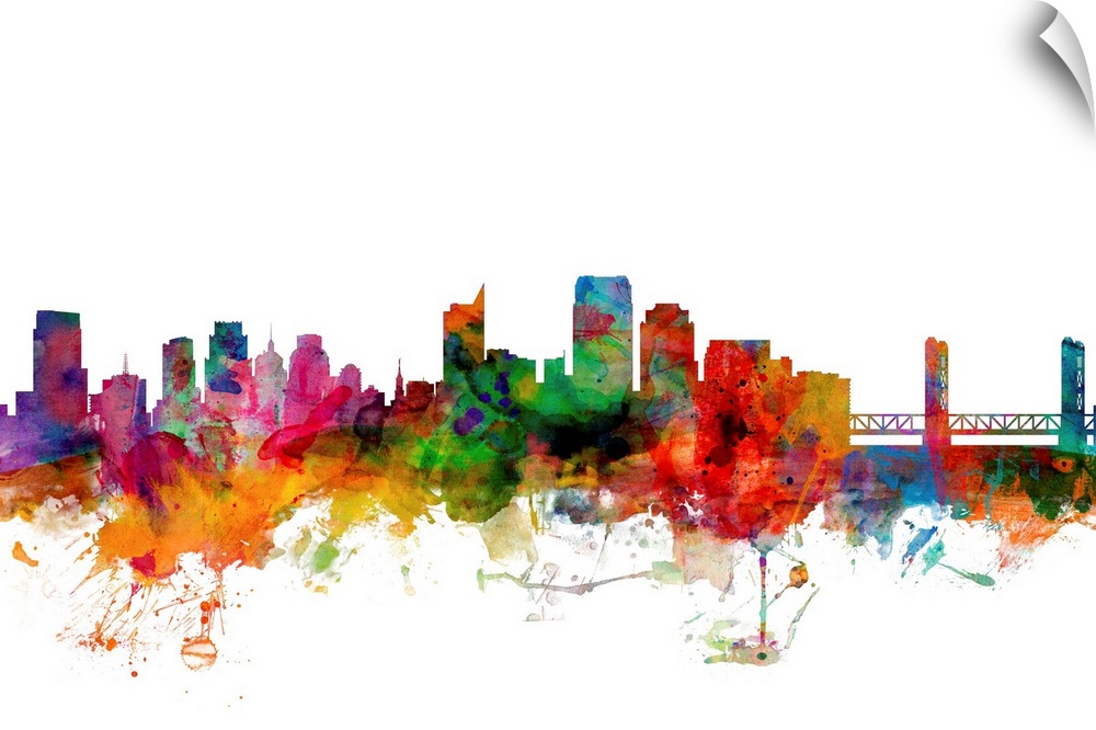 Watercolor artwork of the Sacramento skyline against a white background.
